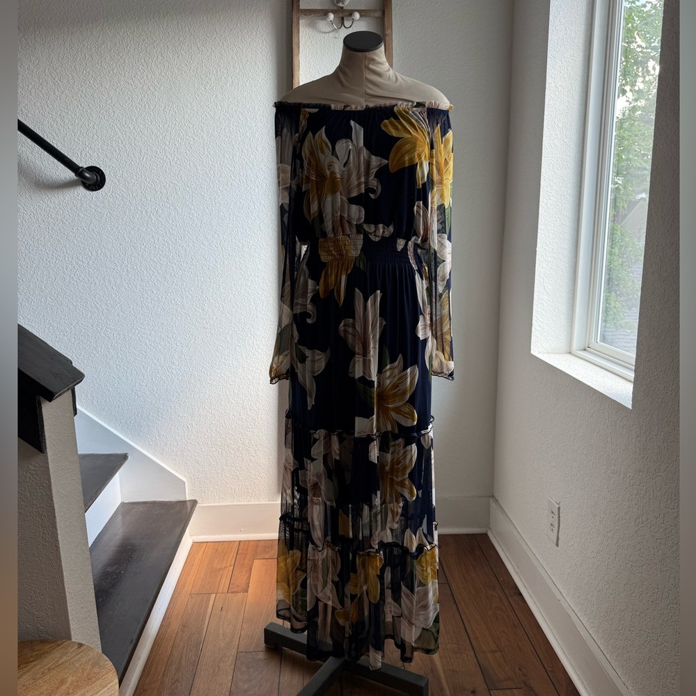Kate & Lily Navy Floral Long Sleeve Tiered Maxi Dress Sz: 14